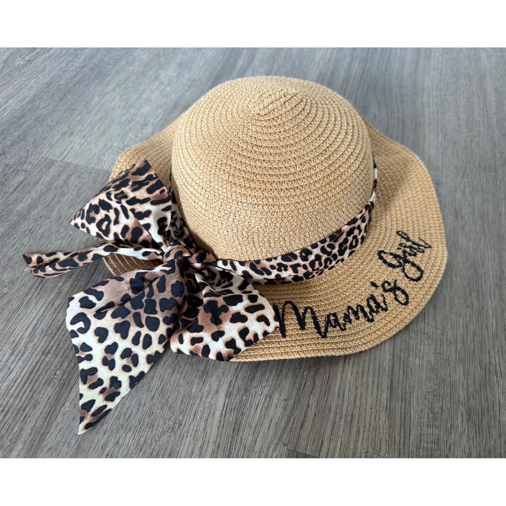 Girls Beach Sun Hat Leopard Bow Mama's Girl Wide Brim Straw Summer Hat One Size